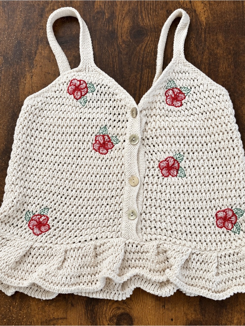 Cream Crochet Floral One-Piece Romper with Red Embroidery